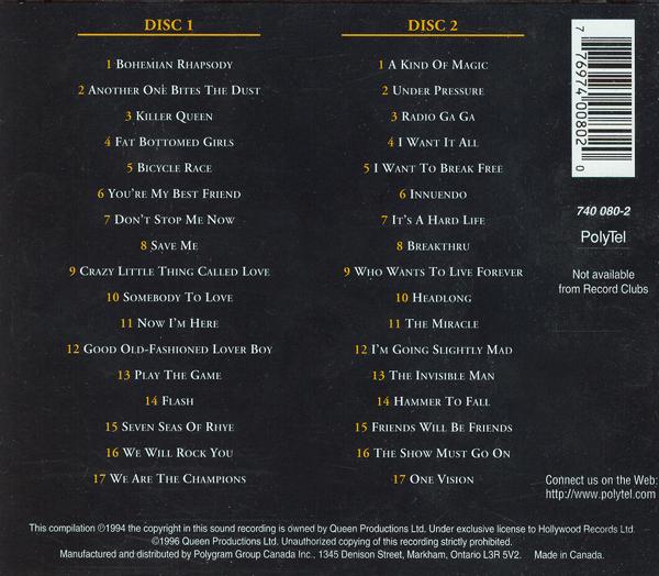 Queen 'The Very Best Of Queen' Canadian CD back sleeve