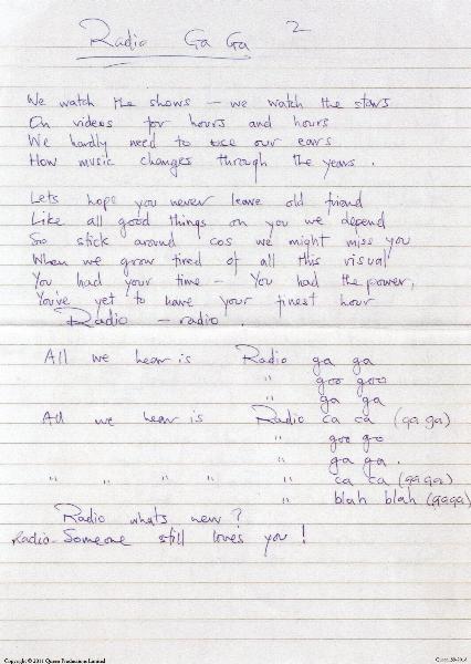 'Radio Ga Ga' hardwritten lyrics back